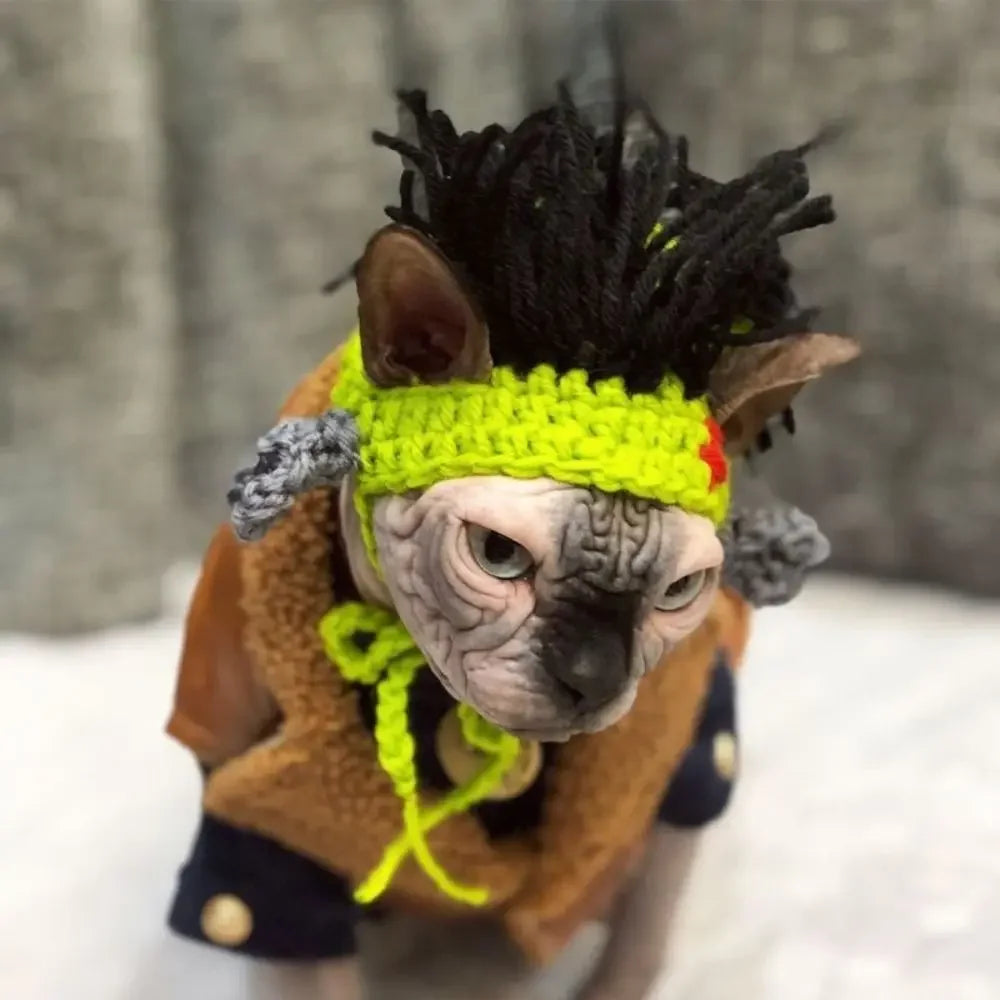 Funny knitted lime green wig hat for Sphynx cat, adjustable elastic cosplay costume accessory for pets.