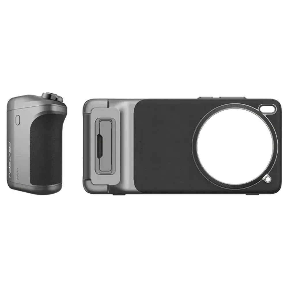 Smartphone camera grip and protective phone case in matte black and metallic grey for improved mobile photography.