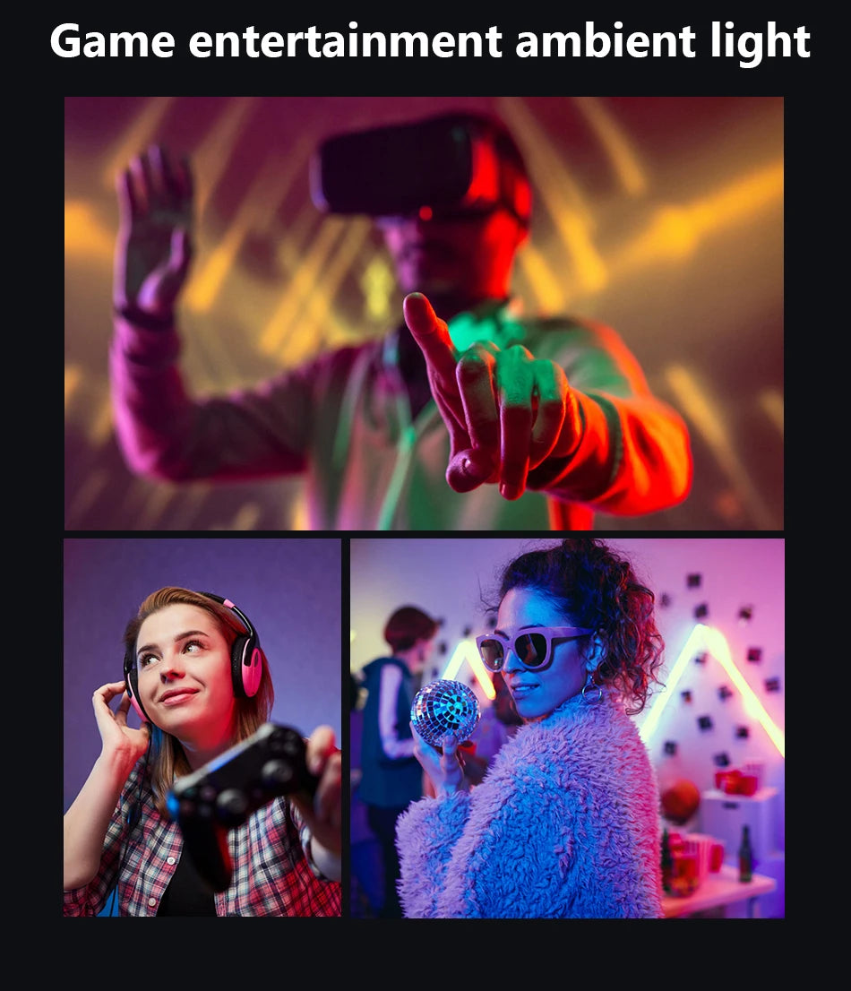 Multicolor LED ambient lights creating immersive gaming and party atmospheres for headsets and room decoration.