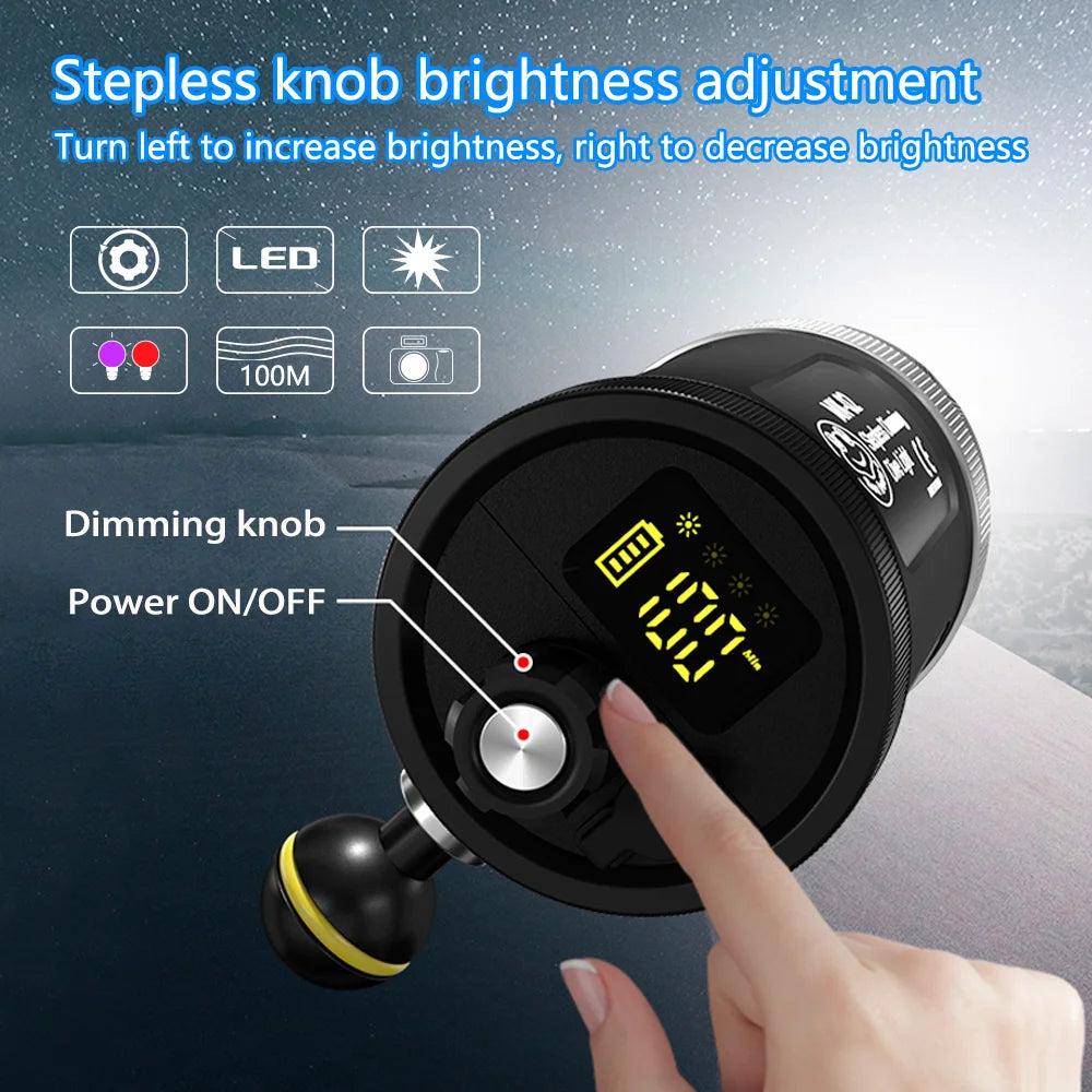 Black cylindrical underwater LED video light with digital display, stepless dimming knob, and ball joint mount.