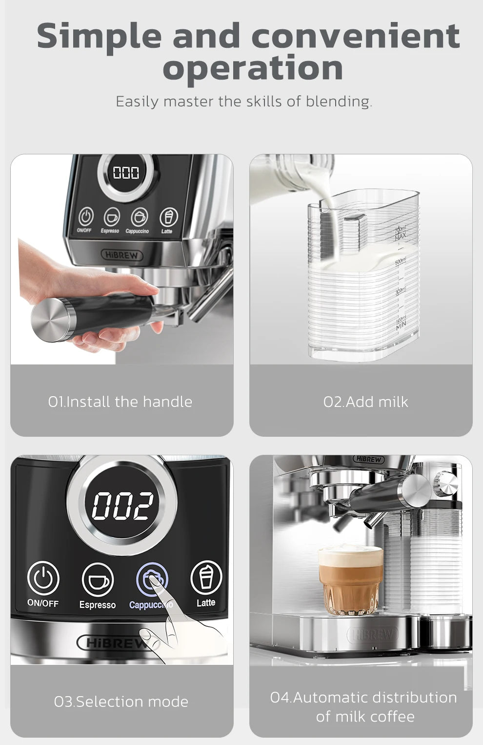 HiBREW stainless steel espresso machine with digital display, milk tank, and one-touch latte/cappuccino operation.