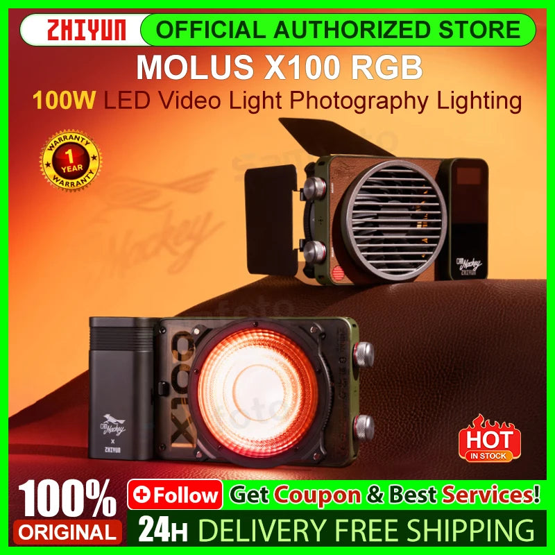 Molus X100 RGB compact LED video light in green and black with circular COB emitter, used for professional photography.