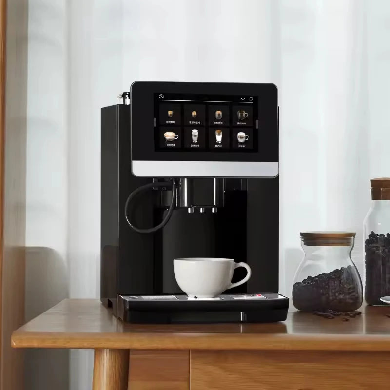 Black automatic espresso machine with large touchscreen display, dispensing coffee into a white ceramic cup on table.