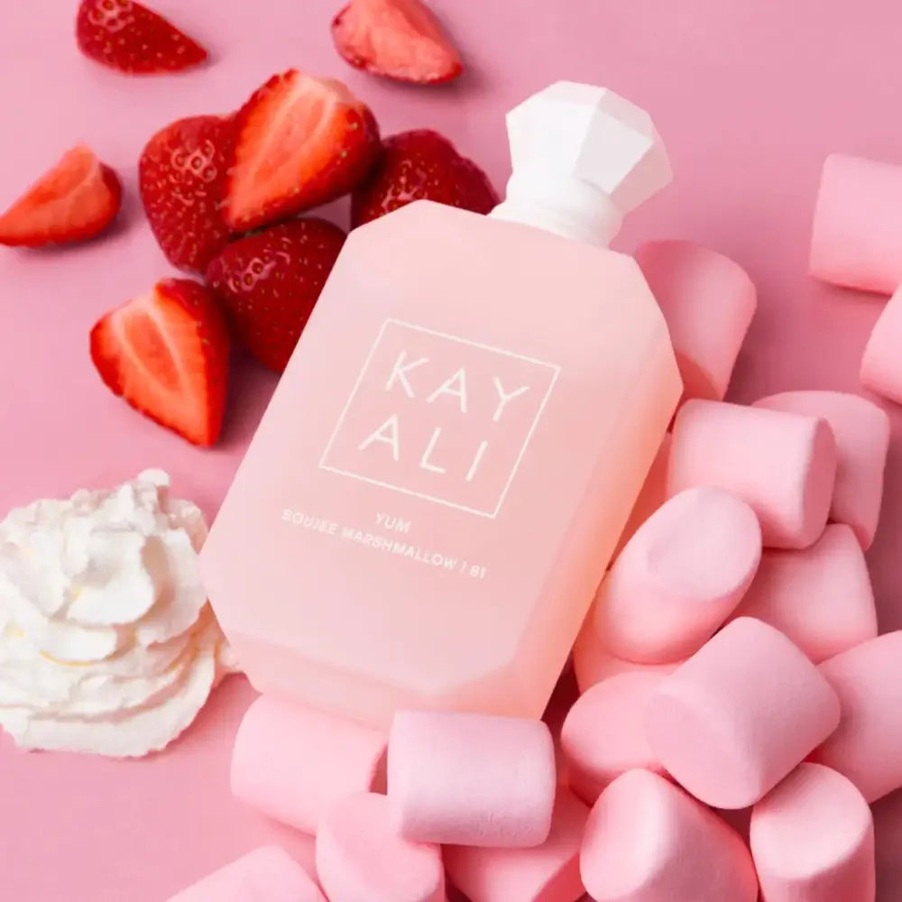 Kayali Yum Pistachio Gelato EDP: 100ml floral fruity vanilla perfume in a chic pink bottle with strawberries & cream.