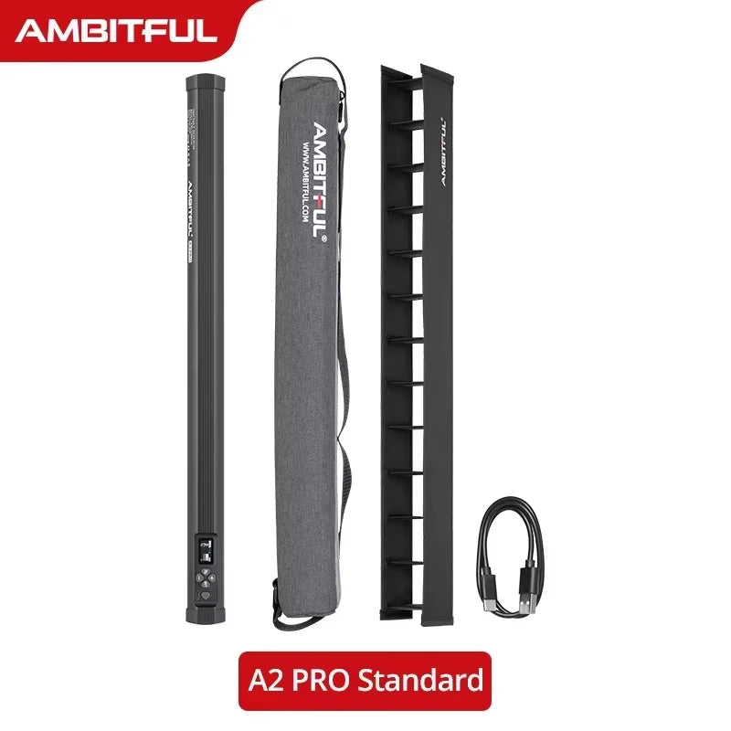 A2 PRO LED light bar with carrying case, grid modifier, and USB charging cable.