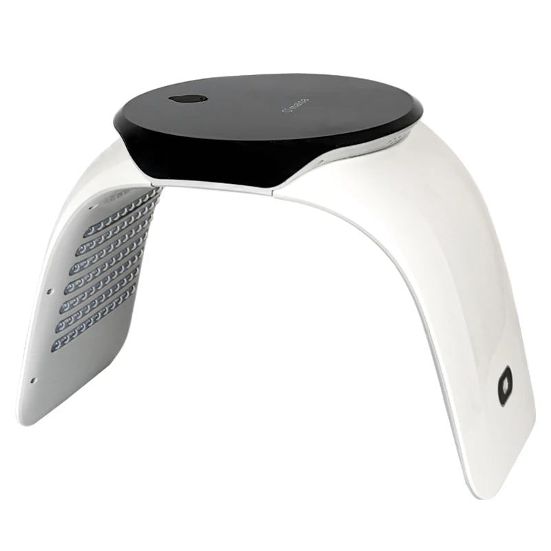 LED light therapy arch with a black top and white side panels featuring rows of small light bulbs for skincare.