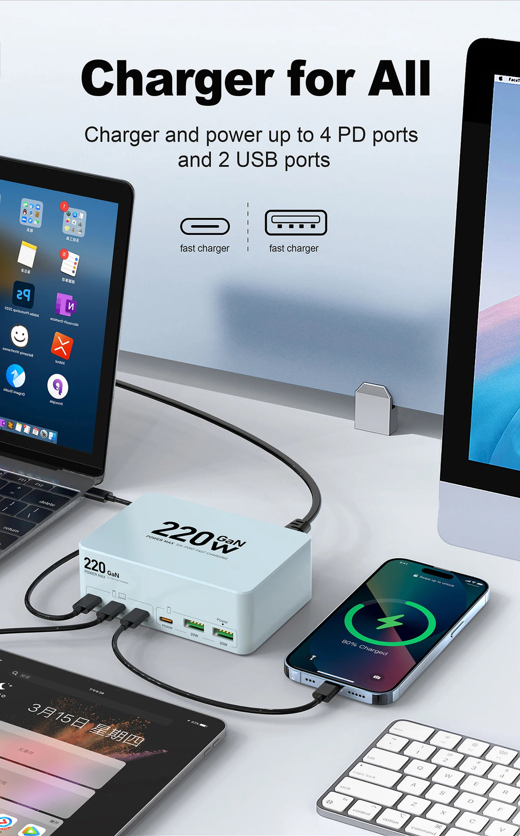220W GaN USB-C Fast Charger Station for Multi-Device Charging Tidesmit