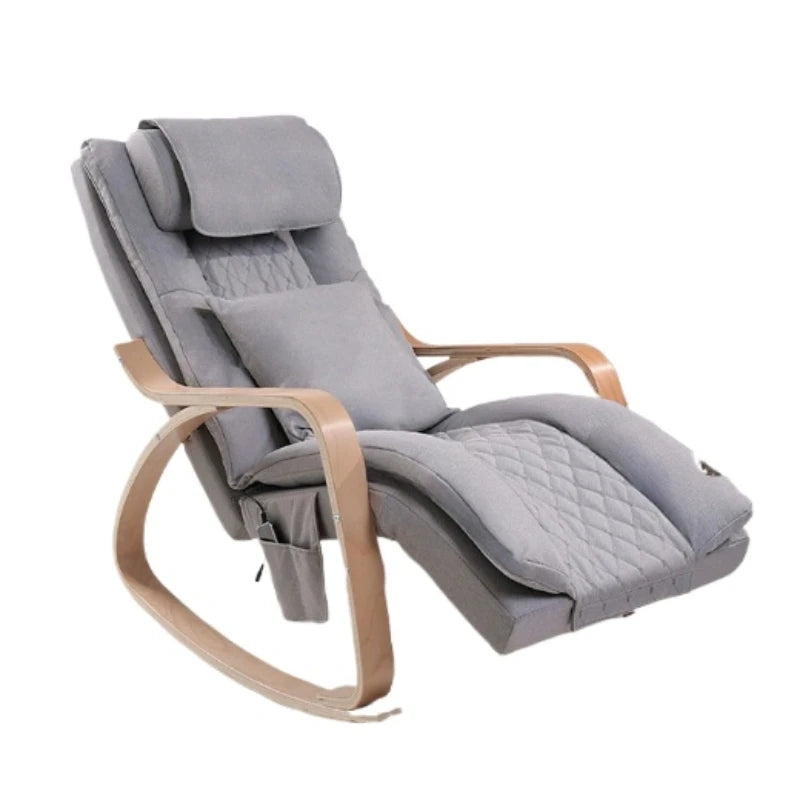 Grey upholstered rocking chair with wooden arms, padded headrest, and quilted seat for relaxing lounge seating.