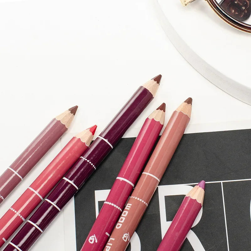 Set of waterproof velvet matte lip liner pencils in various shades of pink, berry, and nude for long-lasting lip makeup.