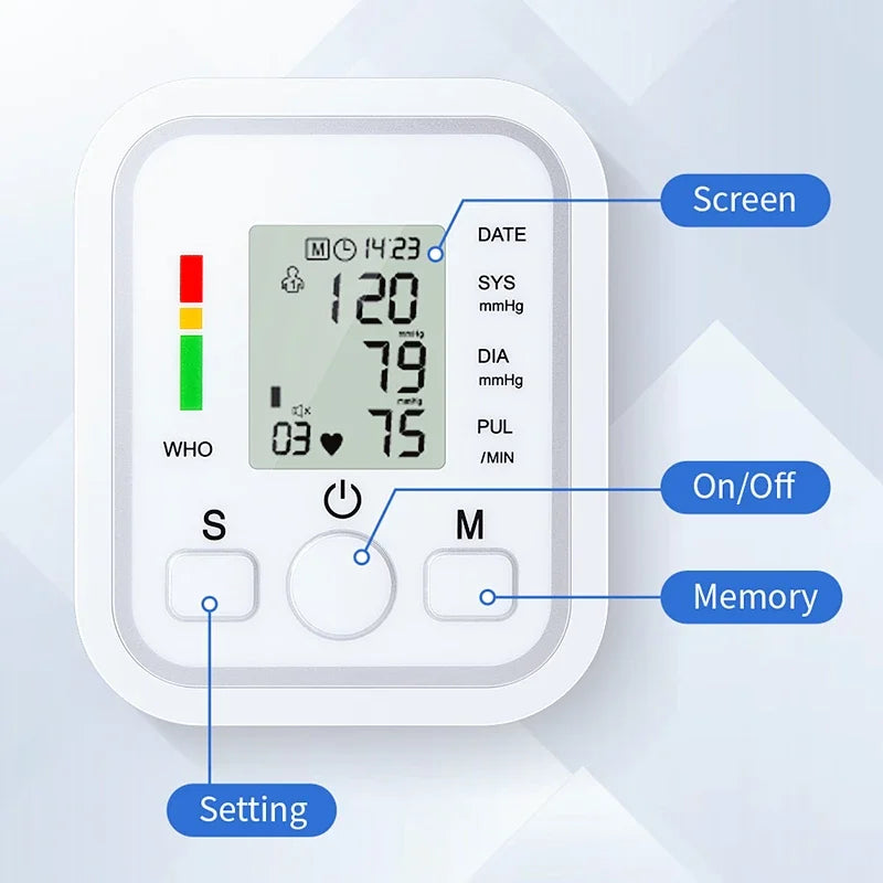 Digital Blood Pressure Monitor Upper Arm Cuff Home Use Automatic BP Tonometer Sensor Pulse Rate Meter Sphygmomanometer