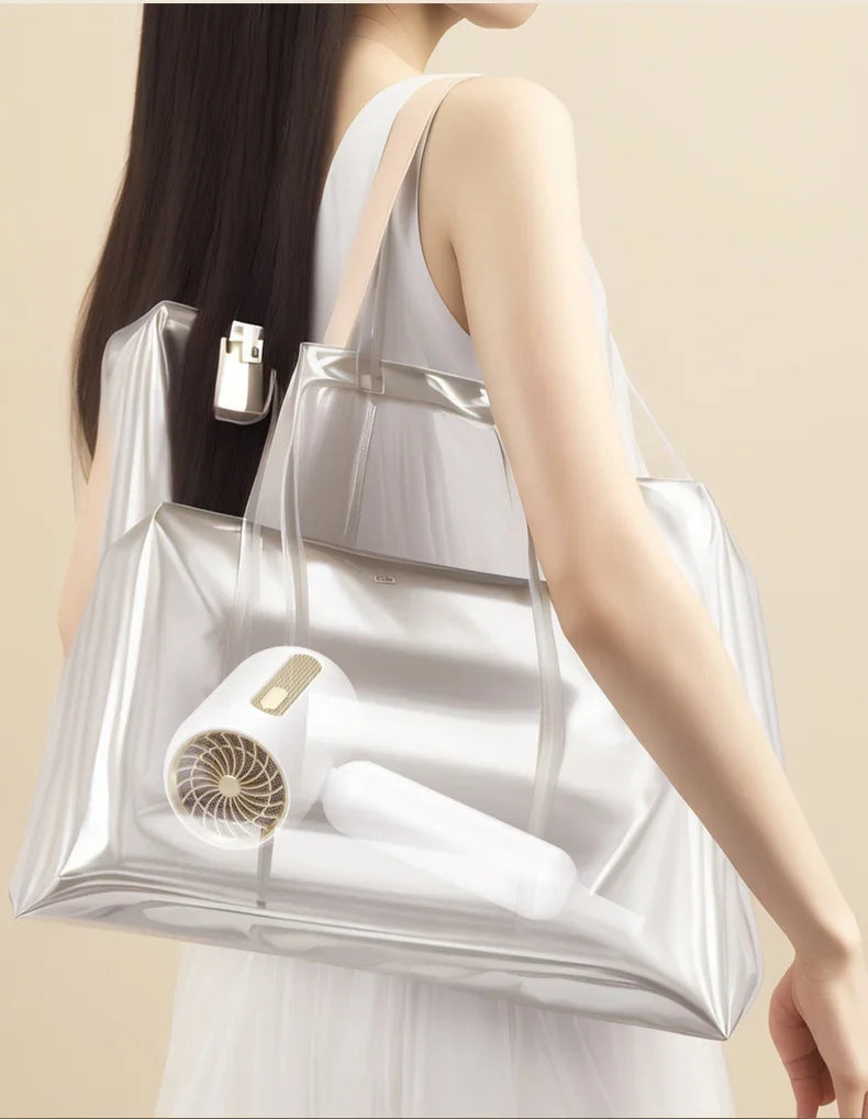 F41 white and gold high-speed hair dryer with nozzle attachment inside a clear carry bag for travel or salon use.