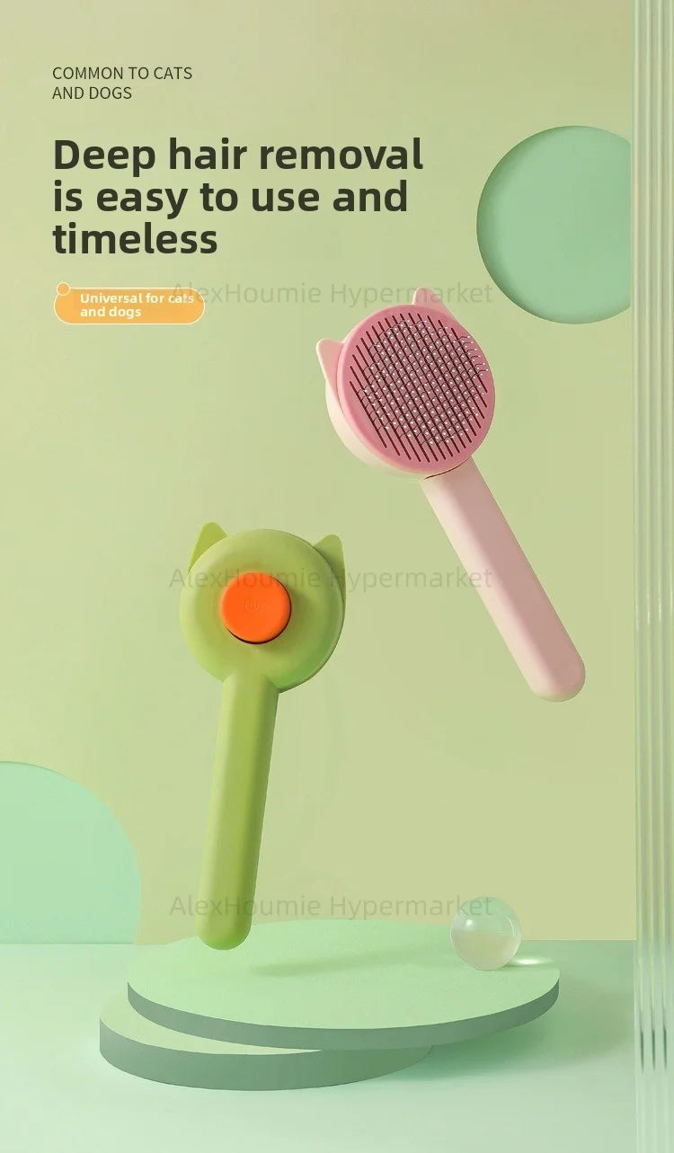 Pink and green self-cleaning cat and dog grooming brushes for effective pet hair removal and detangling.