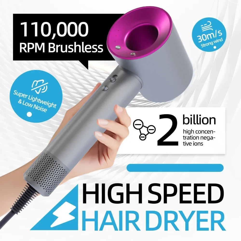 Professional grey and pink leafless hair dryer with 110k RPM brushless motor and negative ion technology.