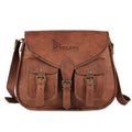 Brown vintage leather designer handbag, large capacity shoulder bag with double buckle front pockets and flap closure.