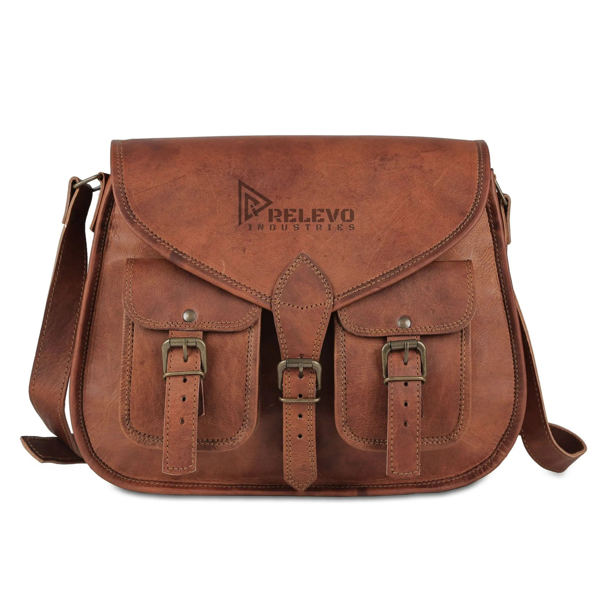 Brown vintage leather designer handbag, large capacity shoulder bag with double buckle front pockets and flap closure.