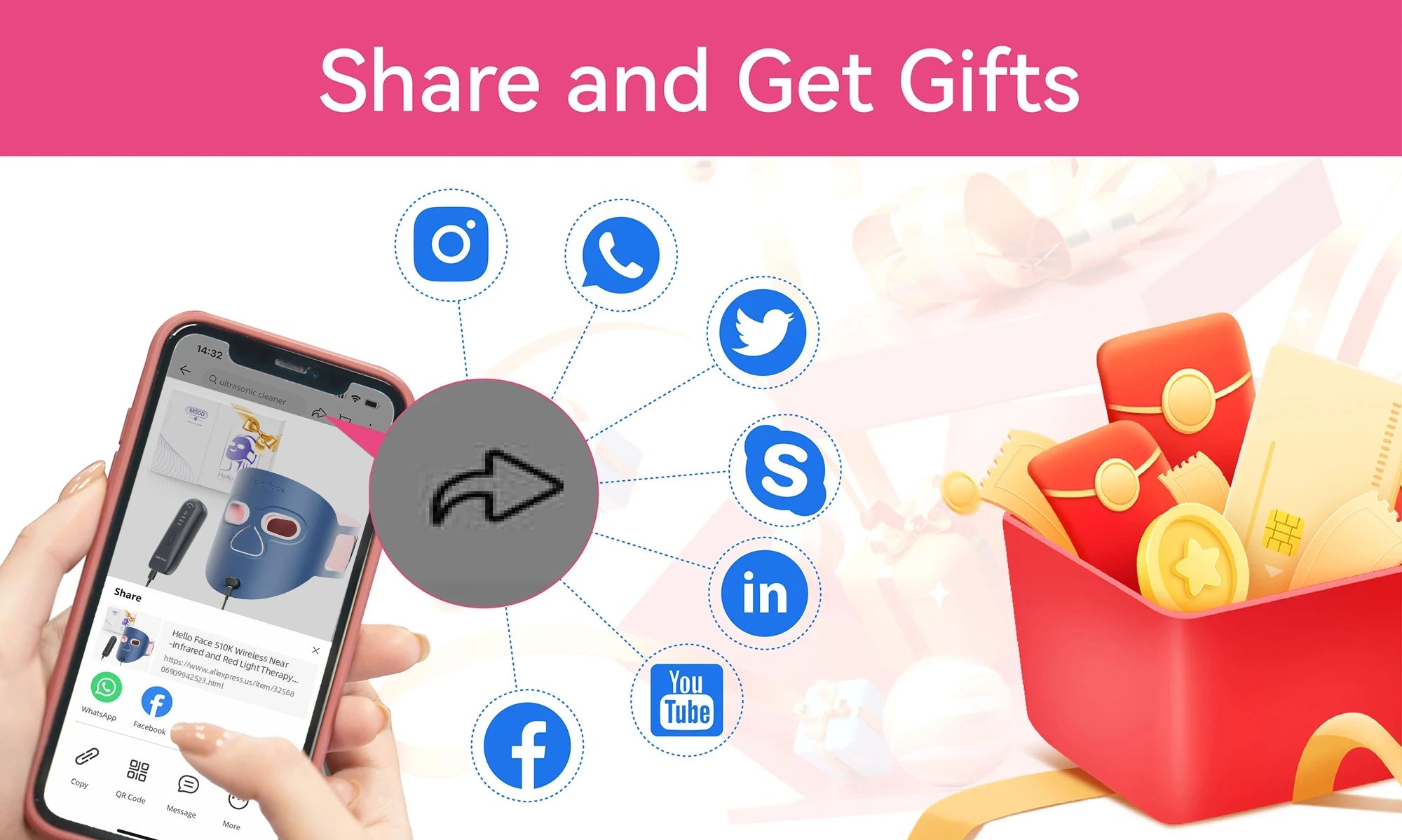 A hand holding a phone showing a blue LED face mask product page with social media icons and a gift box graphic.