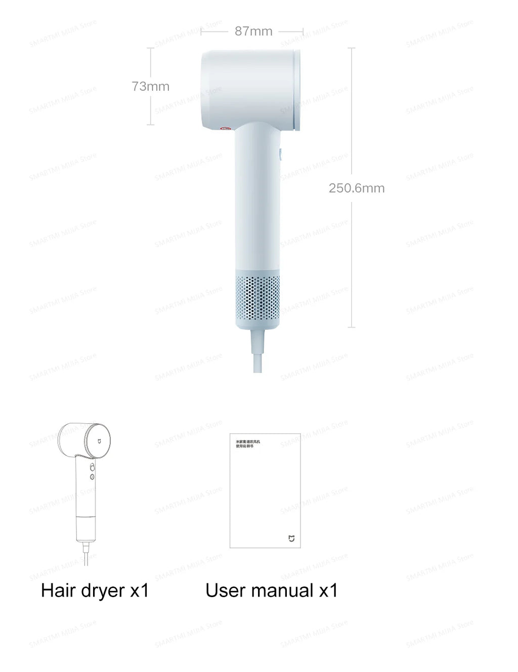 White Xiaomi MIJIA high-speed hair dryer with dimensions, compact lightweight design, and user manual included.