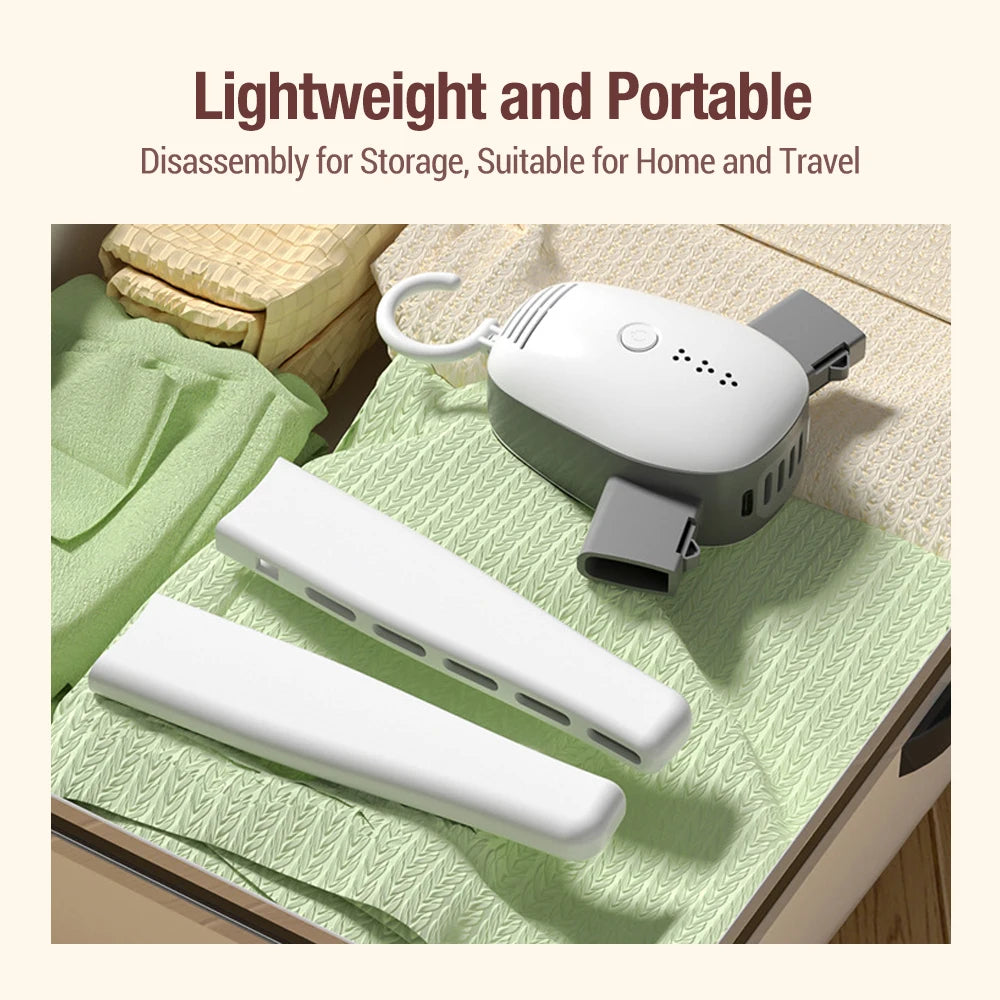 Tidesmit 220V portable electric clothes dryer hanger drying and sterilizing shoes and garments for travel, side angle.