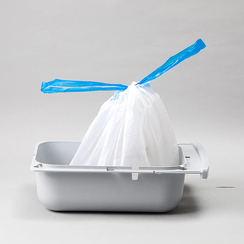 Large white Petkit smart cat litter trash bag with blue tie handles for easy, hygienic pet waste disposal.