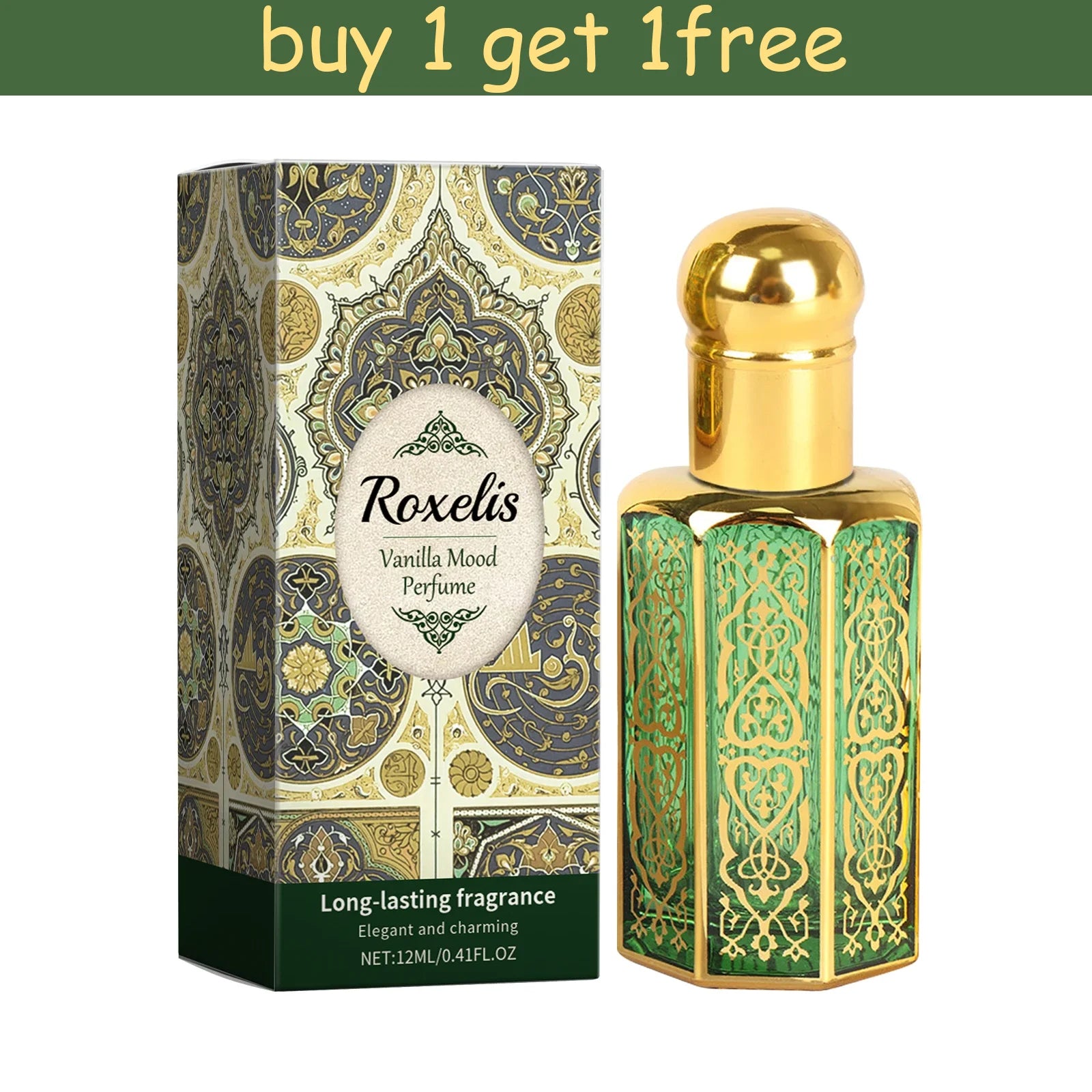 Roxelis Vanilla Perfume for women: elegant green glass bottle, long-lasting Arab fragrance with ornate gold detailing.