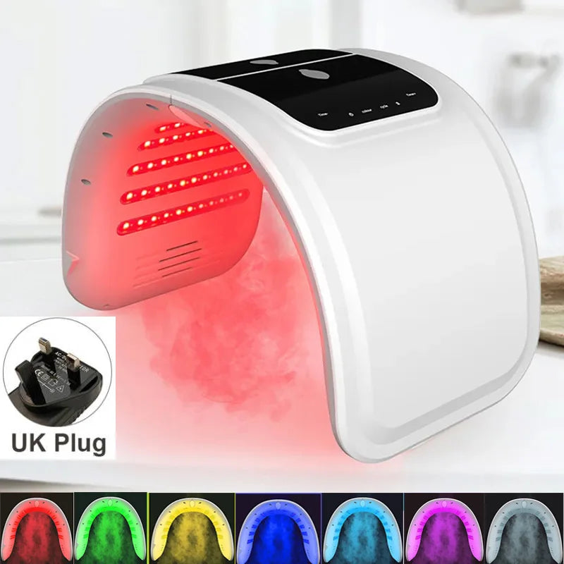 White arched LED light therapy machine with red light and mist, featuring a black control panel and a UK power plug.