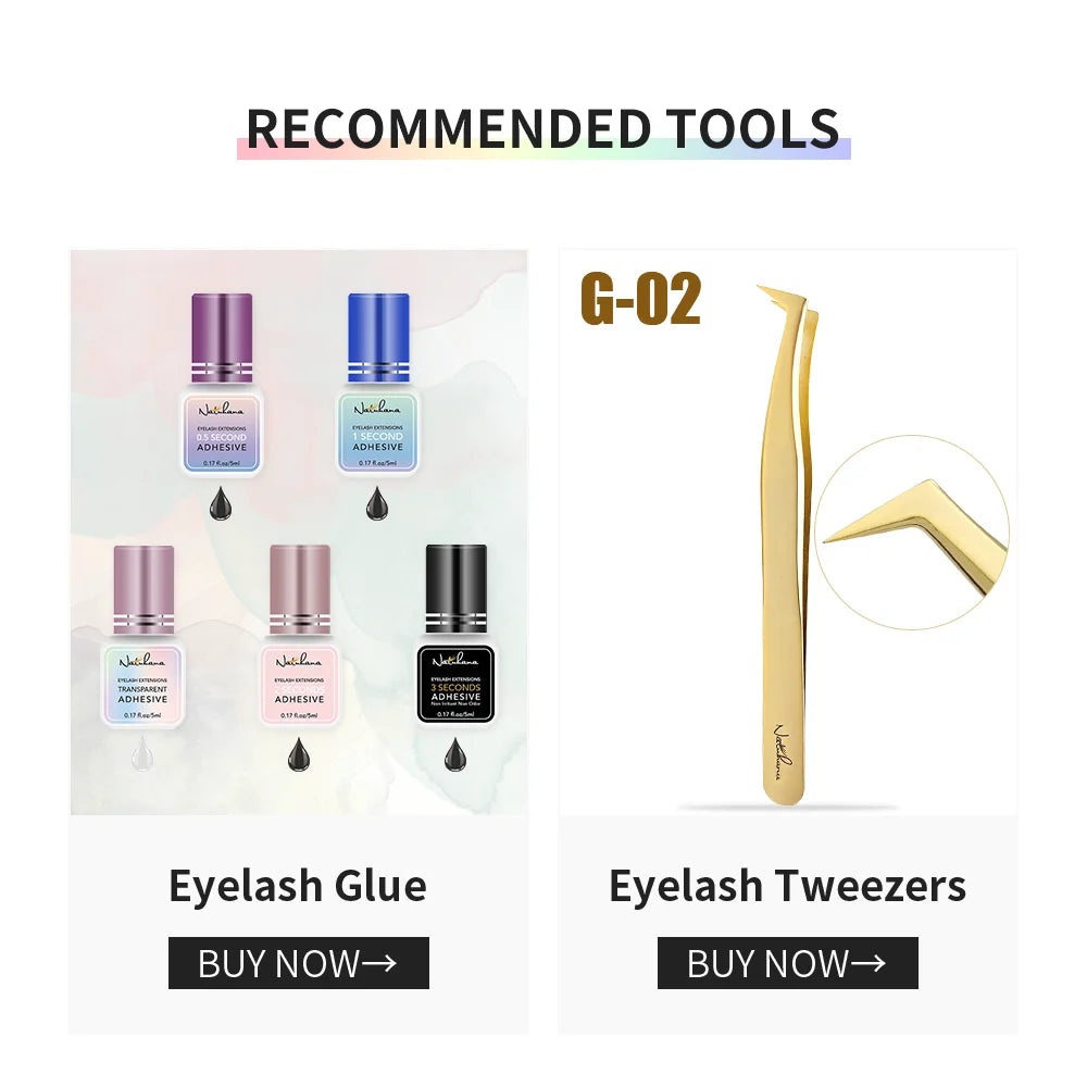 Five colorful bottles of eyelash adhesive and one gold-toned professional eyelash extension tweezer set.