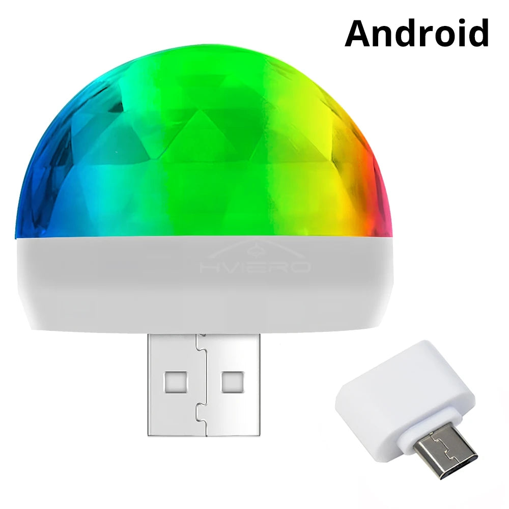 Multi-color disco ball USB light with a white base and a micro-USB adapter for Android phones.