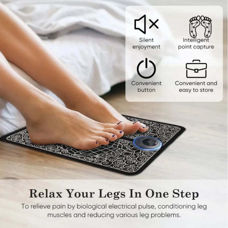 Portable black foldable EMS foot massager mat with electrical muscle stimulation for pain relief and circulation.