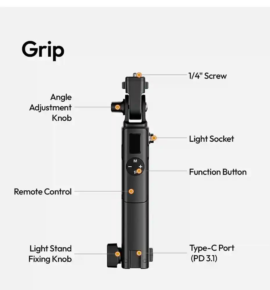 Black cylindrical handheld camera grip with labeled adjustment knobs, mounting screw, remote, and ports for photography.