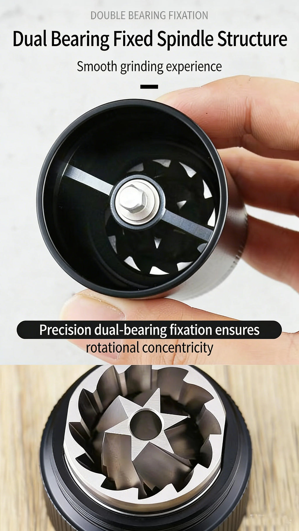 Black manual coffee grinder with dual-bearing stainless steel burrs for precise, smooth grinding.