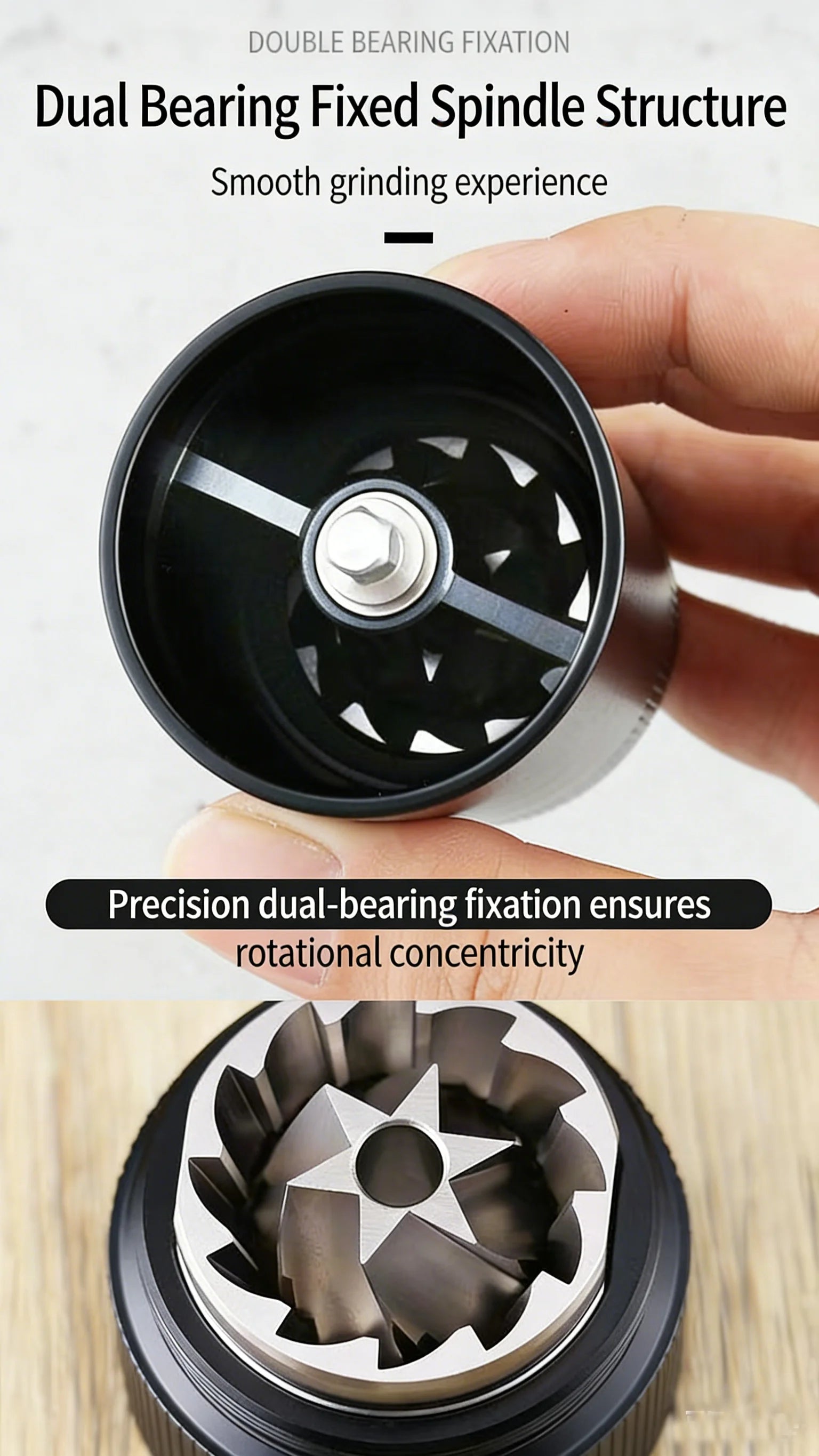 Black manual coffee grinder with dual-bearing stainless steel burrs for precise, smooth grinding.