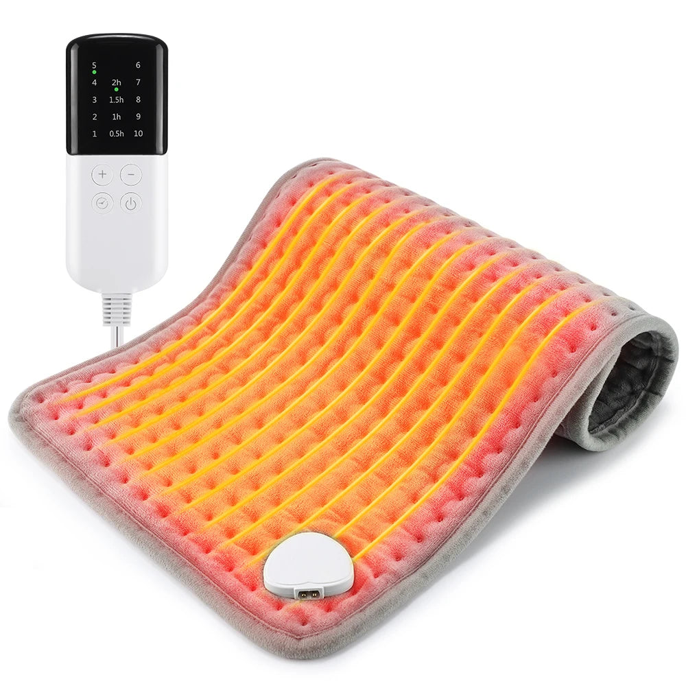 Grey electric heating pad with orange glowing internal coils, including a wired digital controller for pain relief.