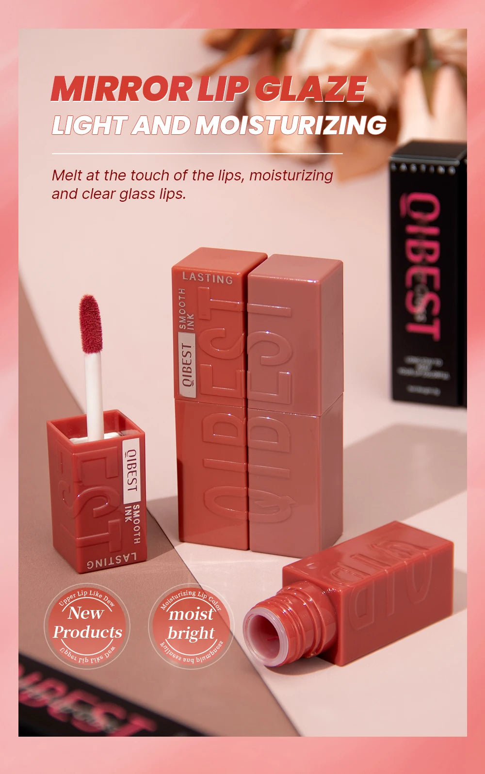 QIBEST watery red lip glaze set with mirror glossy finish, moisturizing liquid lipstick, and applicator wand.