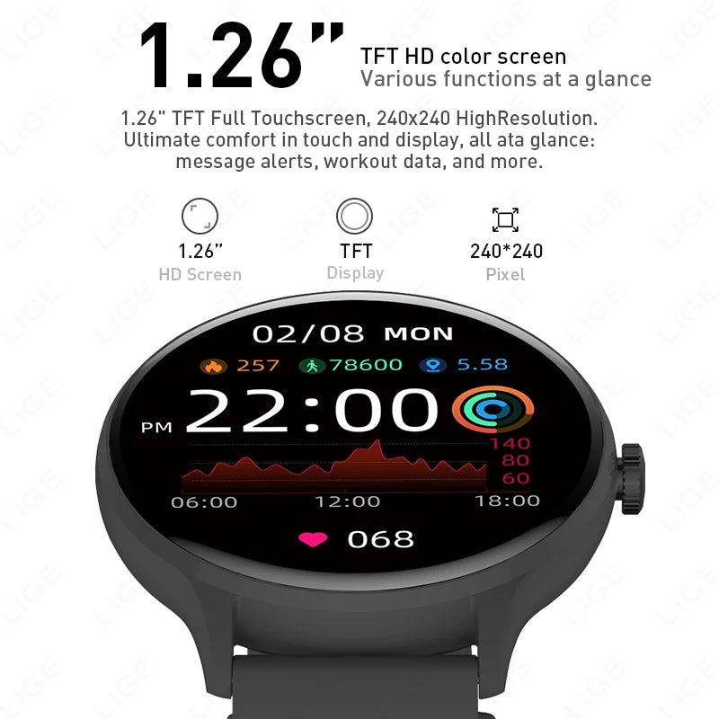 LIGE 1.26" HD Smart Watch 24/7 Health Monitoring Bluetooth Call 123+ Sports Modes IP68 Waterproof Sleep Tracker for Android iOS