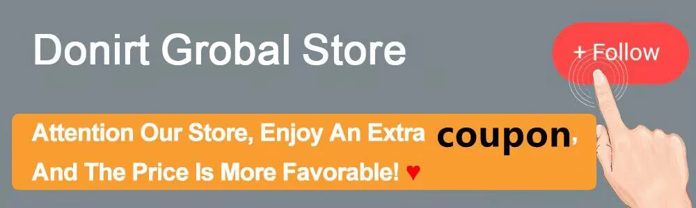Donirt Global Store promotional banner for coffee and tea makers featuring a follow button and discount coupon offer.