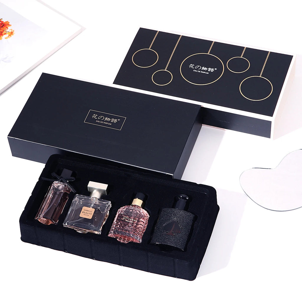 Hana no Monogatari perfume gift set: 4-piece long-lasting floral EDP scent collection in luxury black box for women.
