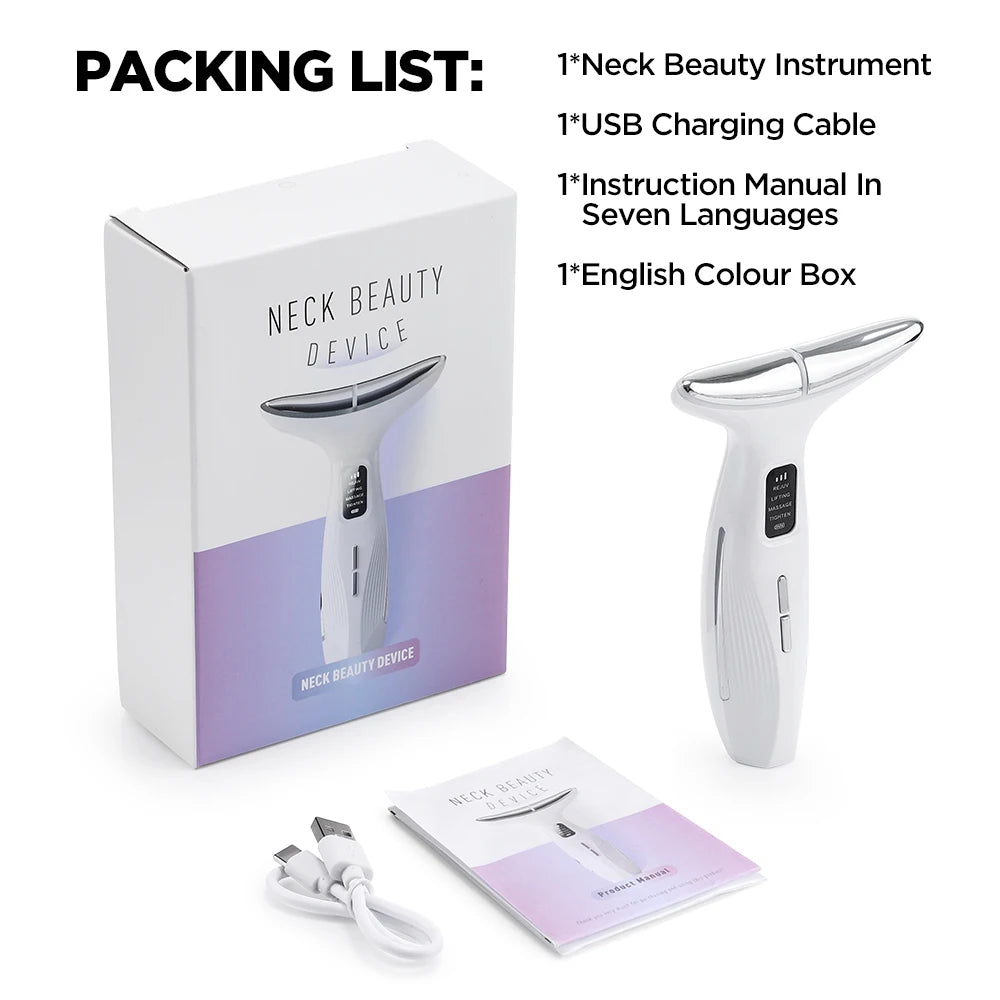 White T-shaped facial massager with silver head, packing box, USB cable, and instruction manual.