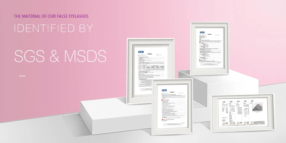 Four framed safety certificates (SGS and MSDS) displayed on white tiered pedestals against a soft pink background.