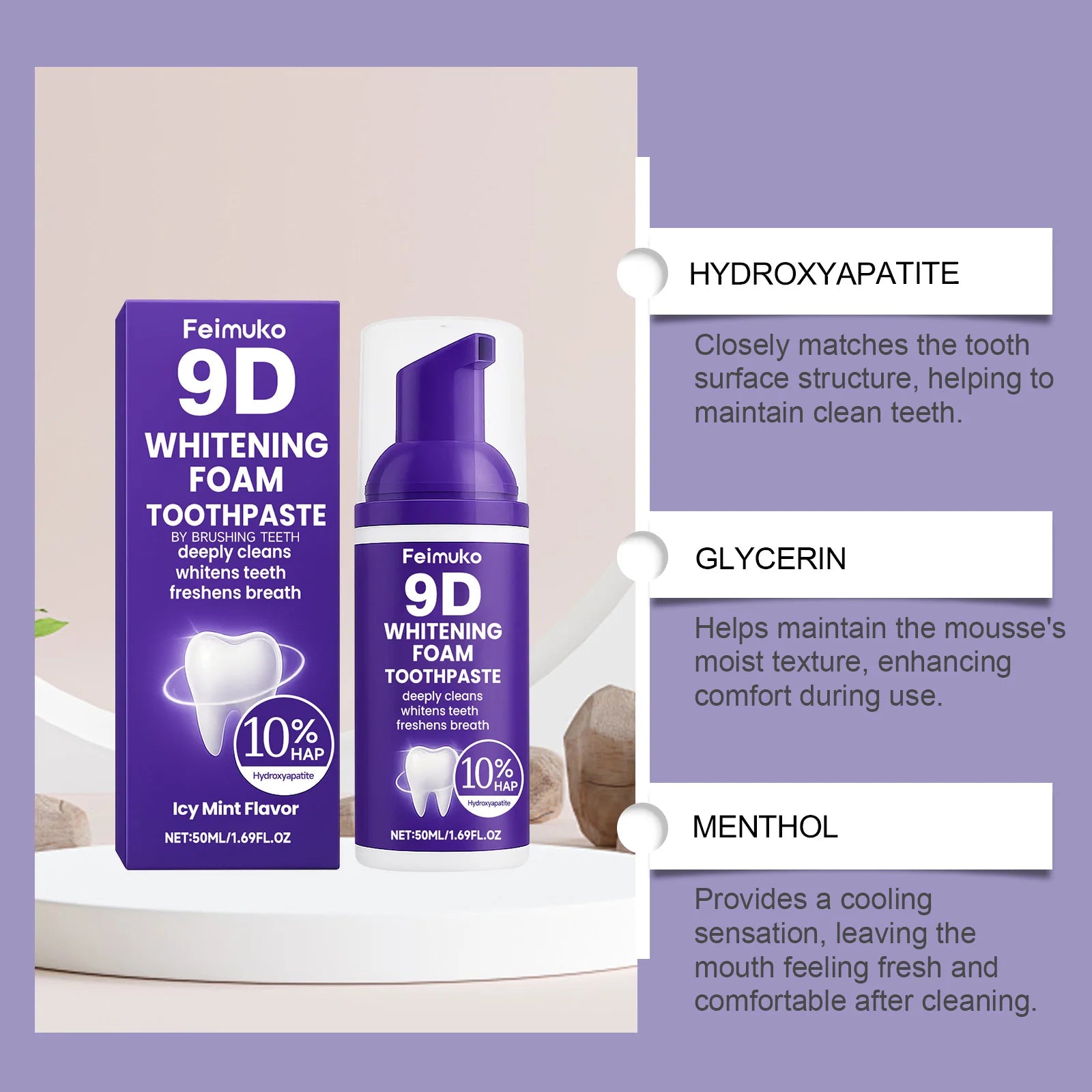 Tidesmit 9D purple tooth mousse whitening foam toothpaste with hydroxyapatite for fresh breath and stain removal