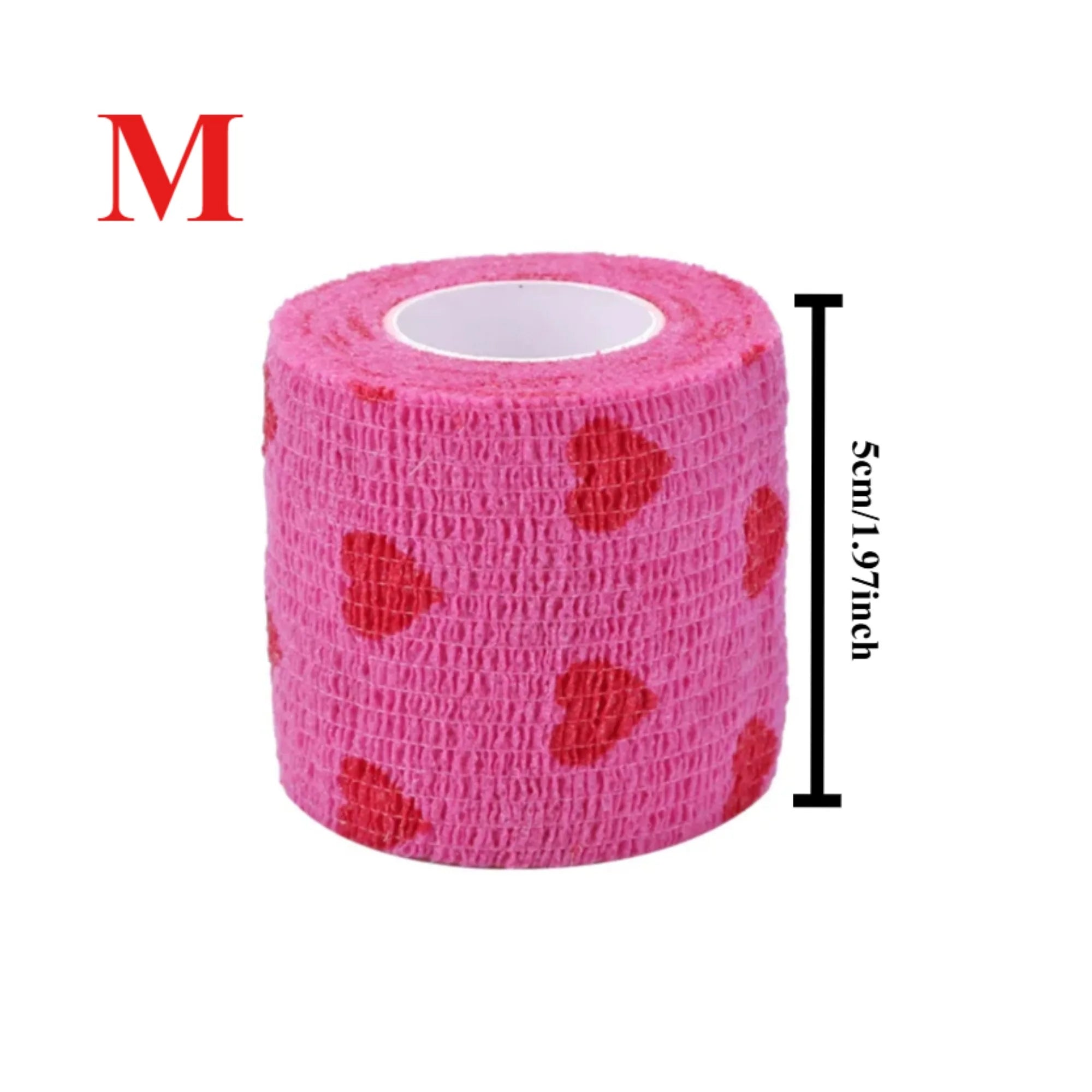 Pink heart-print self-adherent pet bandage, 5cm breathable non-woven sports wrap for dog or cat injury support.