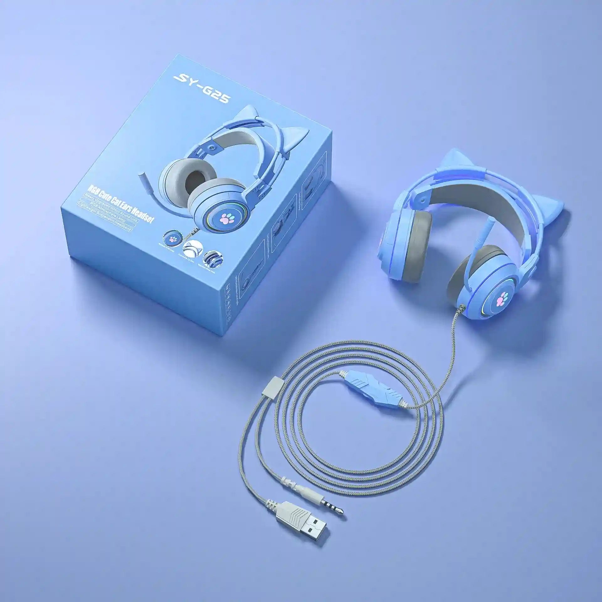 Wired Gaming Headphones Noise Cancelling Over-Ear Headset SY-G25 Blue Cat Tidesmit