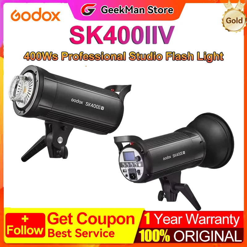 SK400IIV 400Ws black studio strobe flash light with digital display and mounting bracket for photography lighting.