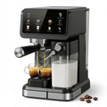 Black espresso machine with touchscreen, integrated milk frother, and dual glass cups pouring coffee.