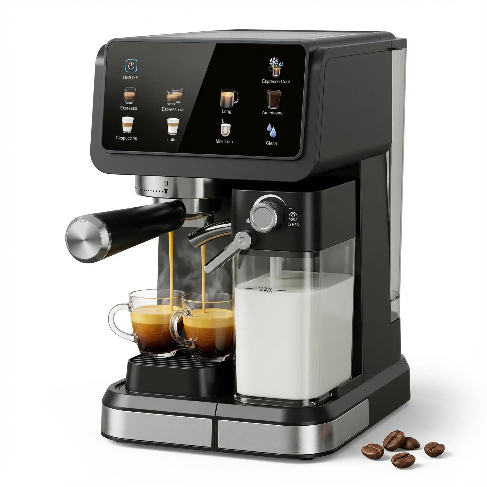 Black espresso machine with touchscreen, integrated milk frother, and dual glass cups pouring coffee.