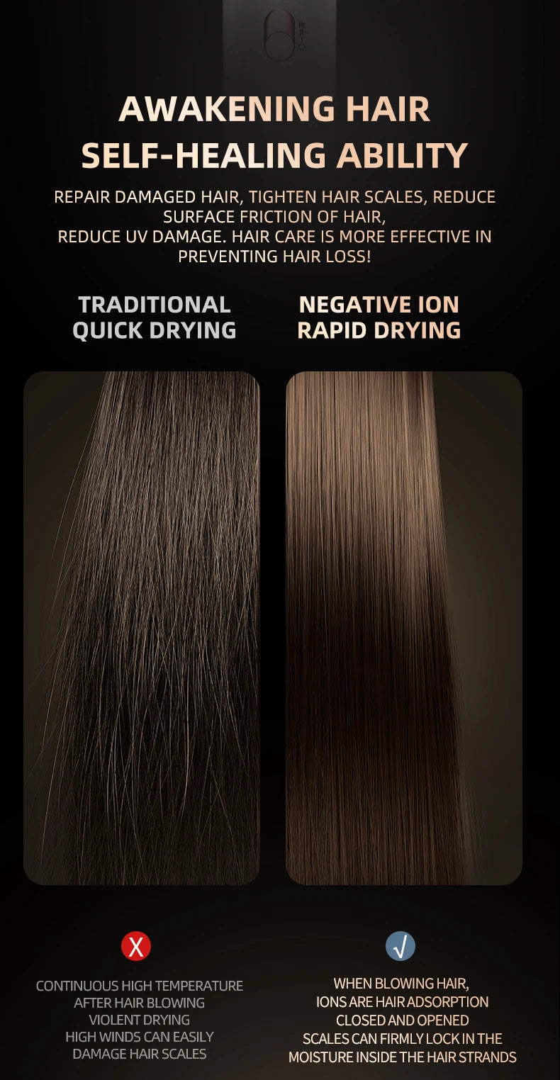 Negative ion hair dryer comparison: rapid drying vs. traditional heat for smooth, healthy, frizz-free hair care results.
