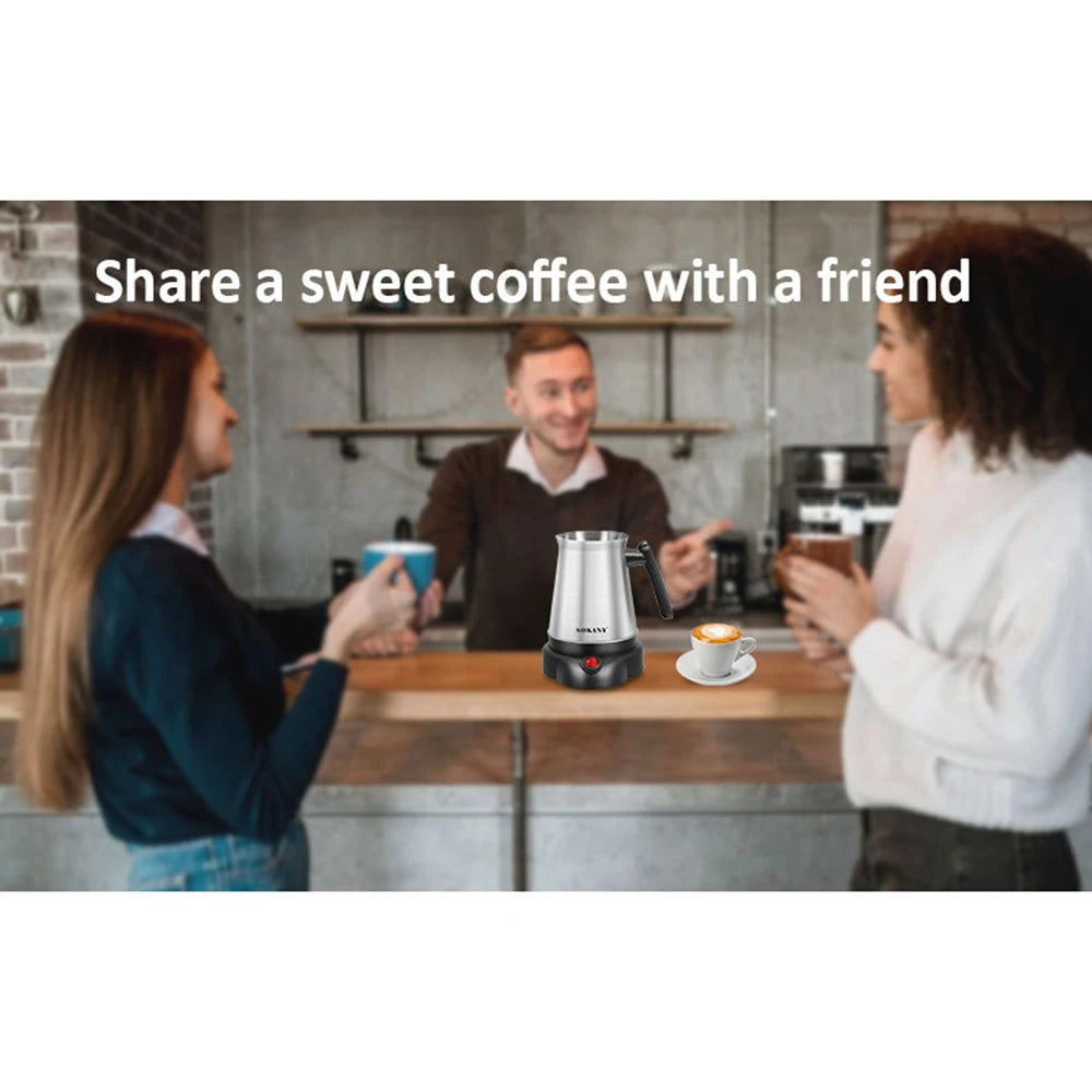 Sokany stainless steel electric milk frother and coffee maker with black base in a social cafe setting.