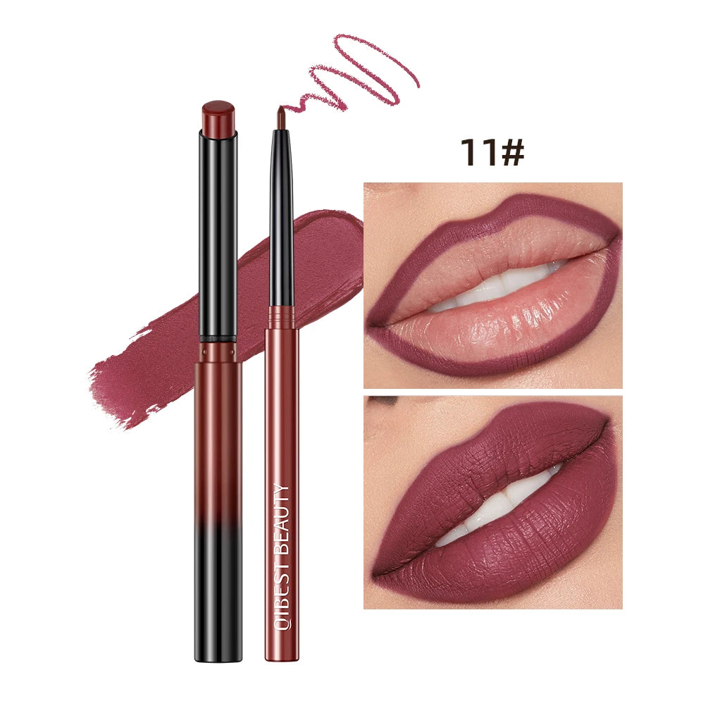 QIBEST matte velvet lipstick and lipliner pencil set in deep berry red, showing color swatch and lip application.