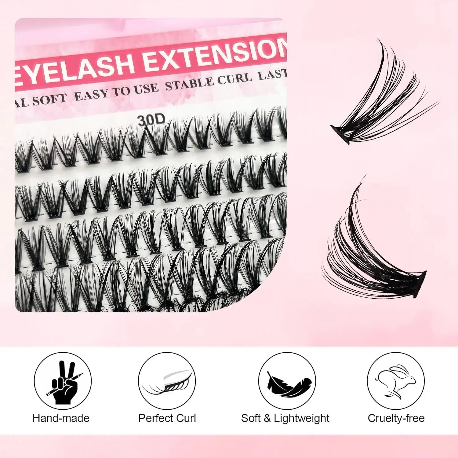 Black DIY cluster lashes in varying lengths on a tray with close-up examples and icons highlighting key features.