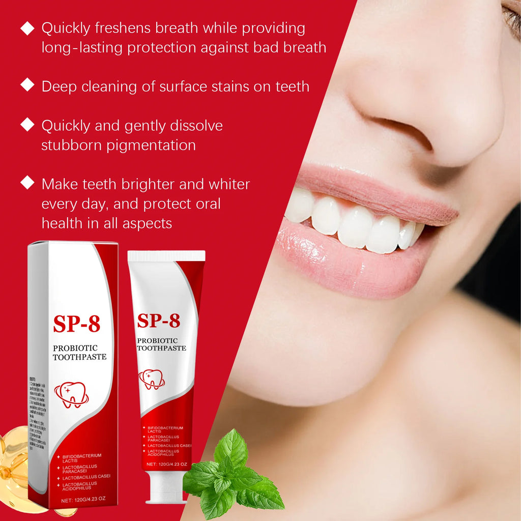 Tidesmit Sp-8 Probiotic Toothpaste for deep cleaning, whitening, and minty fresh breath oral hygiene.