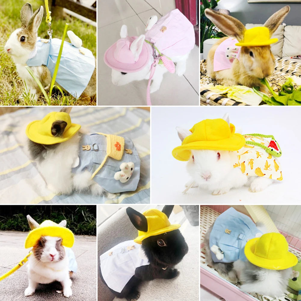 Cute rabbit vest harness set with matching hat and leash for safe outdoor walking and stylish small pet dress-up.